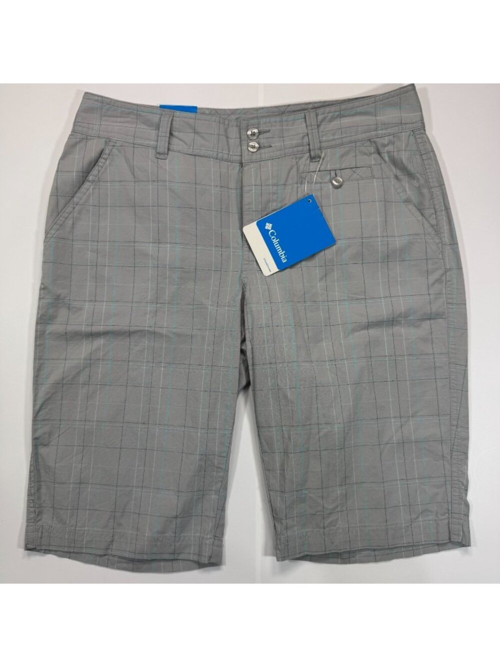 Columbia Blackberry Ridge Shorts Women's 8 Gray Plaid Cotton Bermuda Stretch